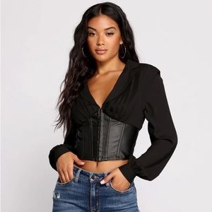 Satin and Faux Leather Corset Crop Top